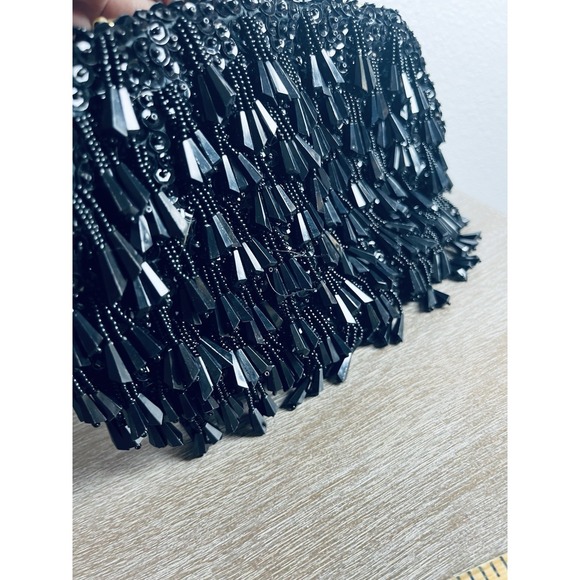 Vtg Black Beaded Sequin Evening Bag Purse Hong Kong Kiss Lock On Trend Classic - Picture 11 of 16